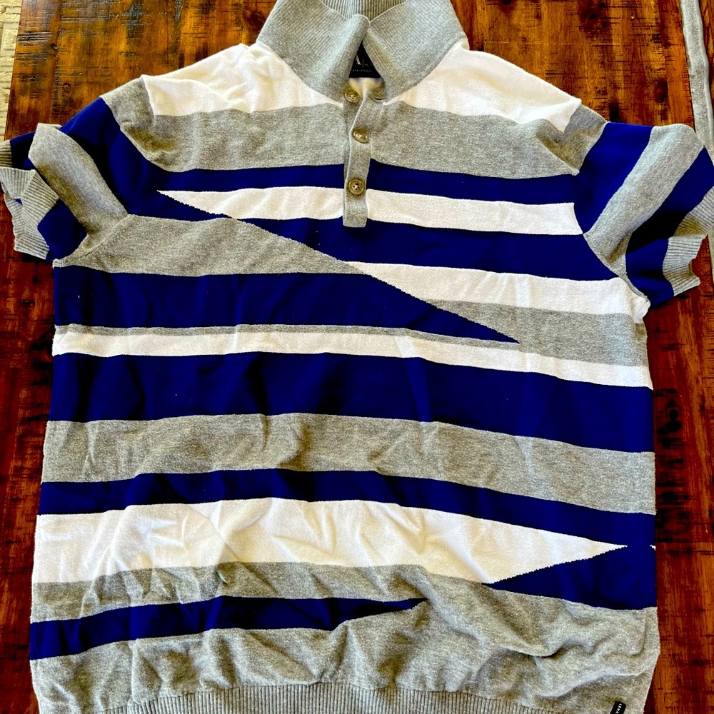 Armani Exchange Sweater Polo - Large - Blue, White and Grey Stripes.